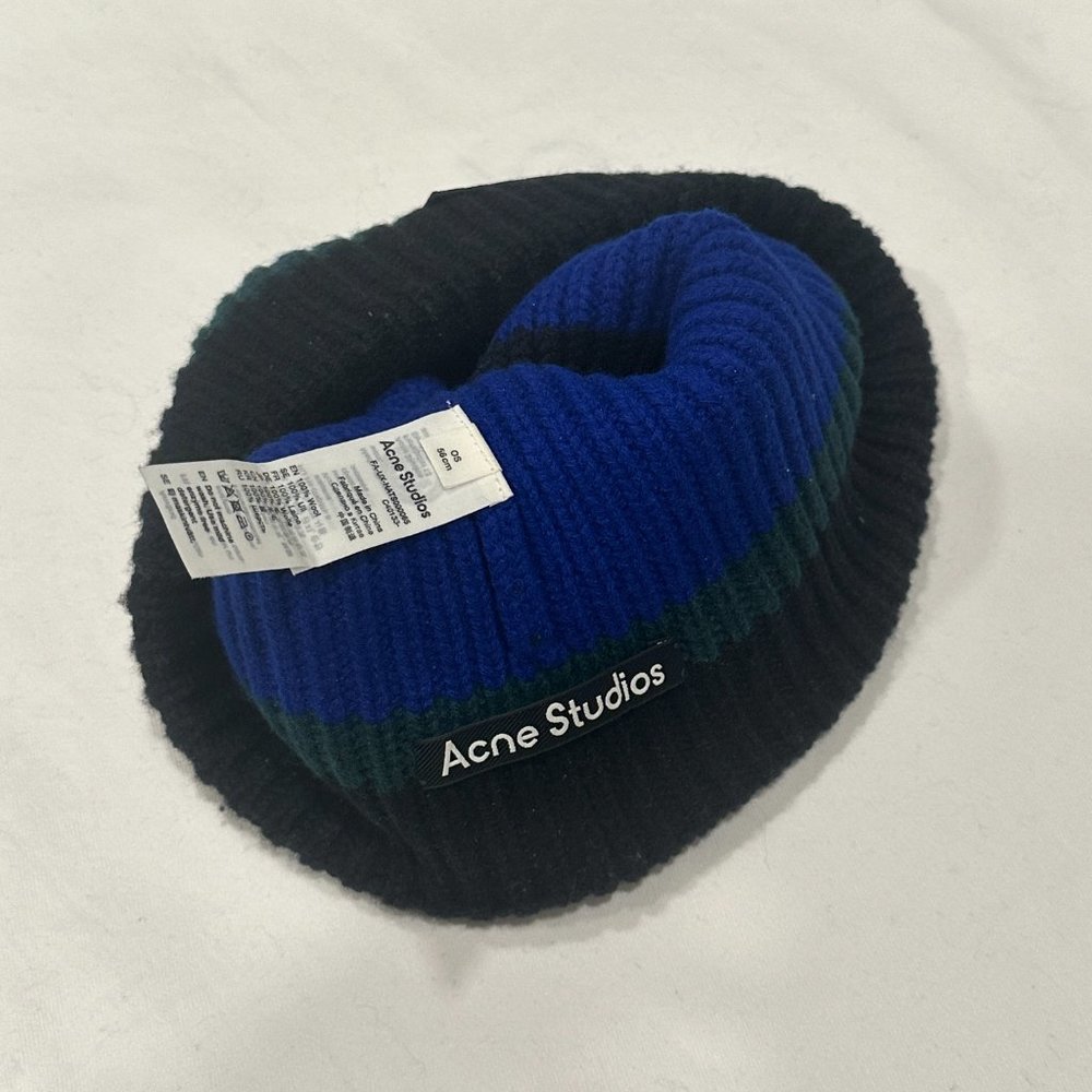 Acne Studios Blue & Green Striped Logo Beanie - Picture 3 of 3